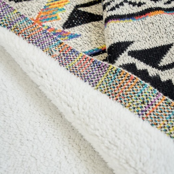 Oatmeal Rainbow Aztec Sherpa Lined Knit Button Hooded Cardigan Sweater - Picture 4 of 4